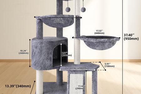 37.4'' Cat Tree Cat Tower with Scratching Posts, Activity Centre Climbing Tree Cat Furniture with Cat Condo and Two Hammocks, Grey
