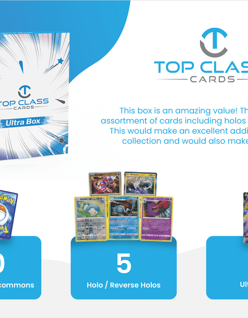 Load image into Gallery viewer, Top Class Cards | Ultra Box | 50 Cards | 5 Holos/Reverse Holos | 1 Ultra Rare Guaranteed | Compatible with Pokemon Cards
