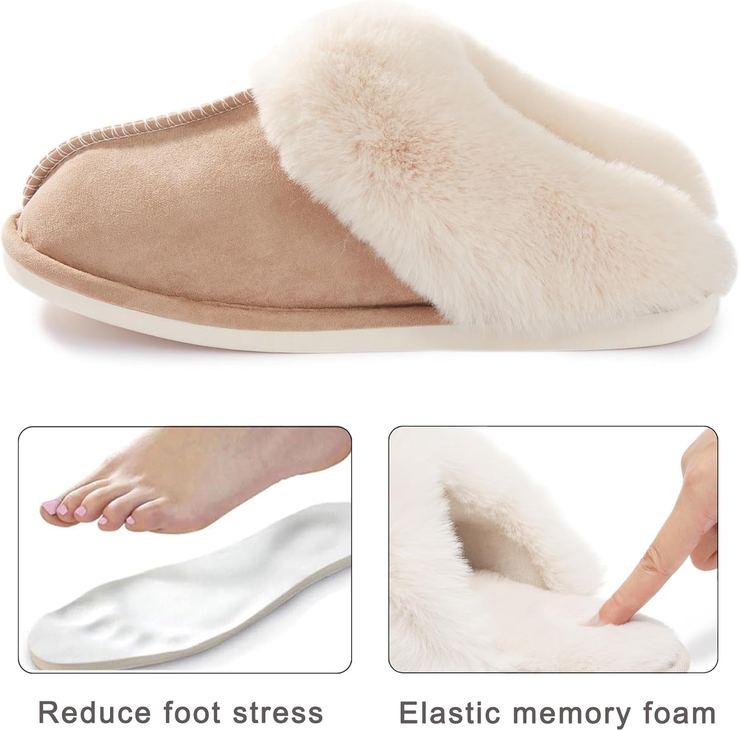 Womens Slippers with Memory Foam Fluffy Soft Warm Slip on House Slipper Anti-Skid Cozy Plush for Indoor Outdoor