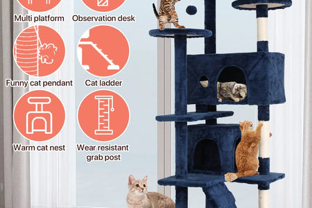 54-In Double Condo Cat Tree Tower Playhouse with Scratching Post & Perch for Indoor, Navy Blue