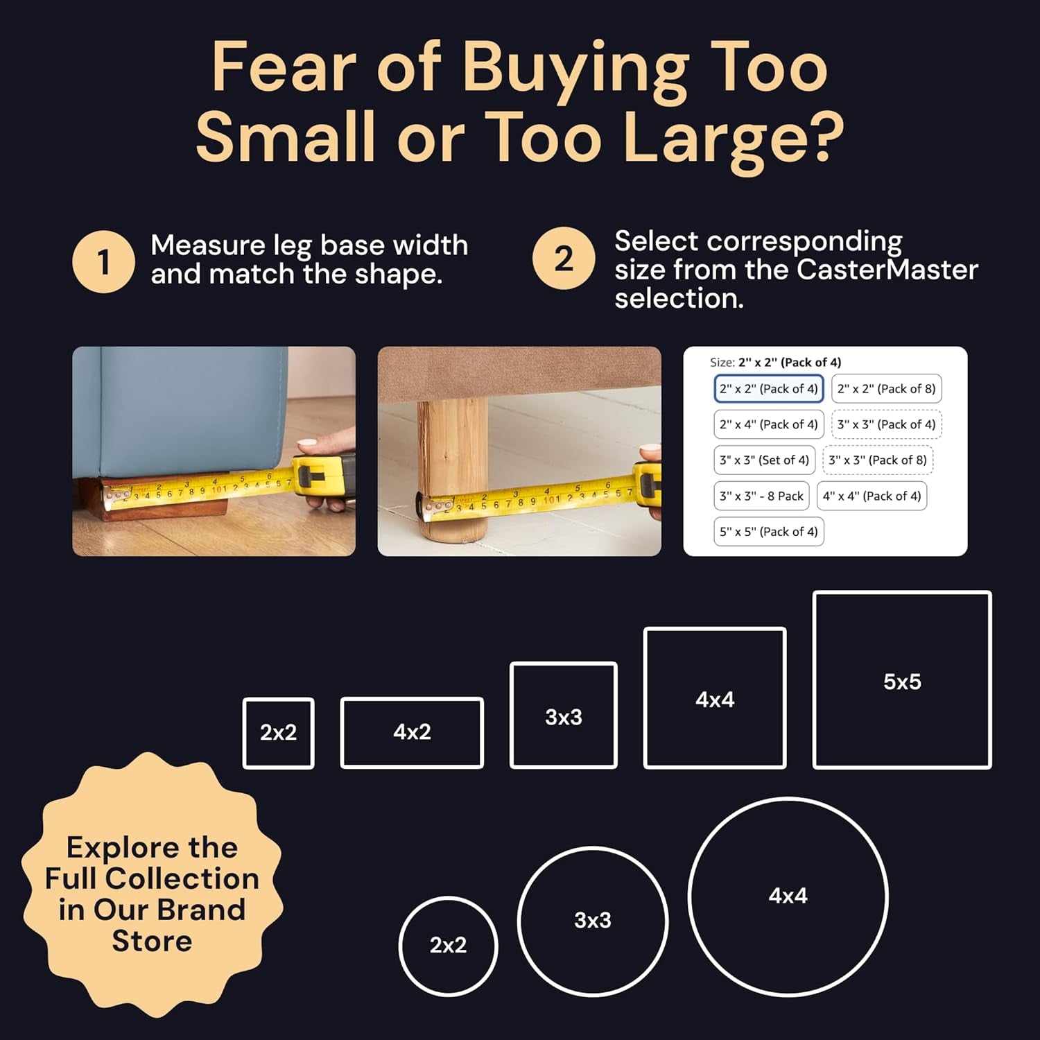 3X3 Square Rubber Furniture Caster Cups with Anti-Sliding Floor Grip (Set of 4) Brown