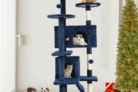 54-In Double Condo Cat Tree Tower Playhouse with Scratching Post & Perch for Indoor, Navy Blue