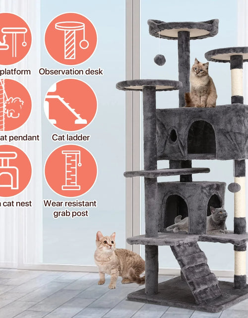 Load image into Gallery viewer, 54-In Double Condo Cat Tree Tower Playhouse with Scratching Post &amp; Perch for Indoor, Ashy
