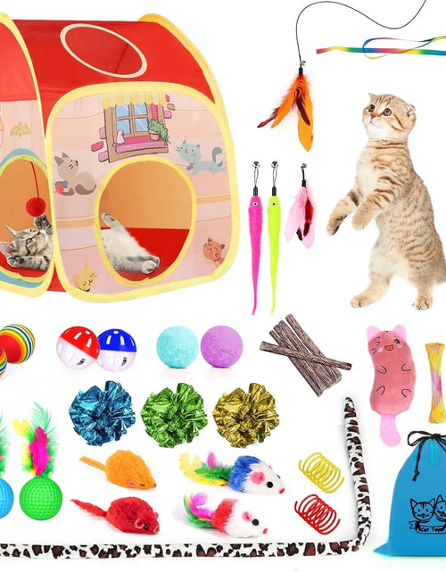 Load image into Gallery viewer, 34Pcs Cat Toys Kitten Toys, Interactive Kitty Toys with Collapsible Cat Tunnels Tent, Cat Wand Catnip Feather Teaser
