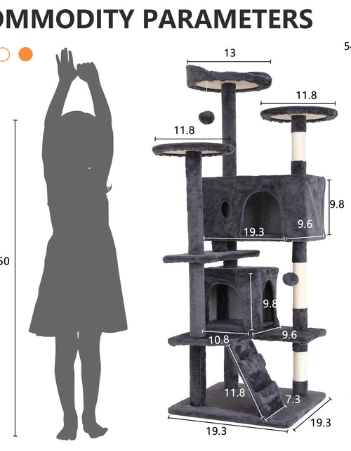 Load image into Gallery viewer, 54-In Double Condo Cat Tree Tower Playhouse with Scratching Post &amp; Perch for Indoor, Ashy
